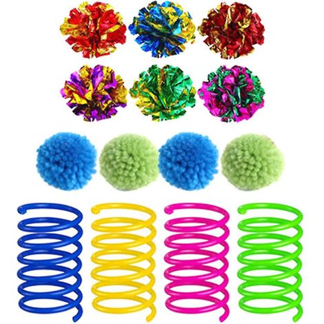 Lot de 14 balles en mylar de 5,5 cm (1,8 po) brillantes et froissées, avec ressorts en spirale et pompons.
