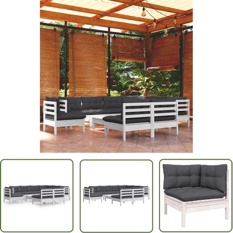 The Living Store Salon de jardin 10 pcs avec coussins blanc bois de pin massif - Salon De Jardin - Mobilier De Jardin - Ensemble Salon De Patio - Meubles De Jardin - Terrasse (1/5)