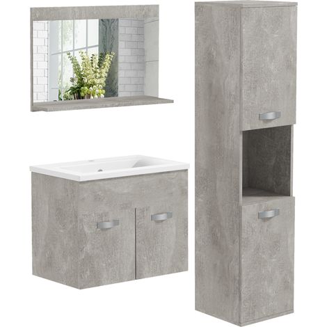 Set Mobili Bagno da 4 Pezzi con Lavabo da 60cm, Mobiletto, Colonna Bagno e Specchiera in Legno, Grigio