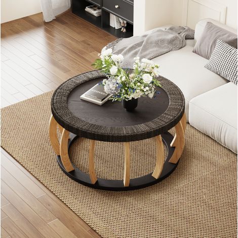 Tavolino rotondo 90x90x43 cm in rattan e legno massello, gambe curve, stile bohémien, nero e marrone (1/5)