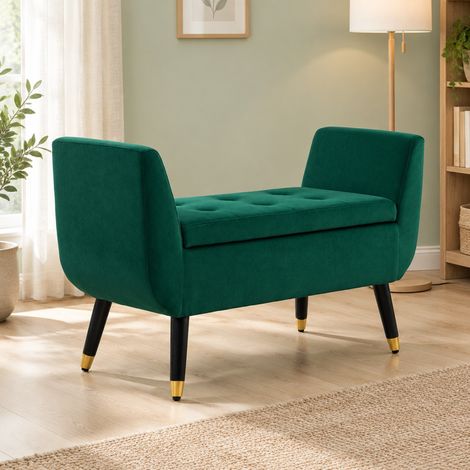 Panca contenitore verde con braccioli, poliestere effetto velluto, 107 x 42 x 65 cm, REDOM (1/5)