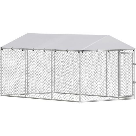 Recinto per Cani da Esterno 4x2,3x2 m con Rete Zincata e Serratura in Acciaio e Tessuto Oxford Argento (1/5)