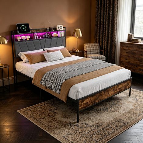Lit Double 140x200 cm avec LED, Lit Adulte avec port USB et Type-C, Tête de Lit Rembourrée avec Étagères de Rangement, Gris (1/5)