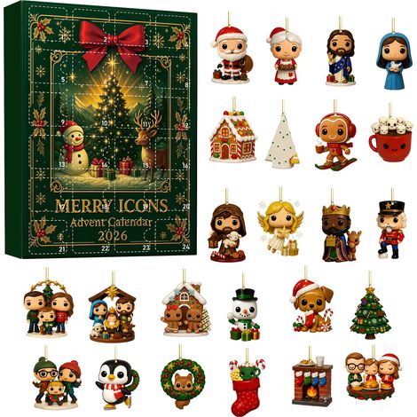 Calendrier de l'Avent avec des icônes de Noël classiques – 24 jolies décorations de sapin de Noël en acrylique 2D – Compte à rebours de 24 jours pour les décorations de Noël et les cadeaux de fêtes (1/5)