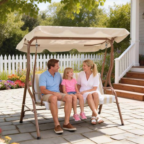 Balancelle de jardin toit imperméabilisé inclinaison réglable coussins assise dossier marron crème rayé 3 places conception robuste