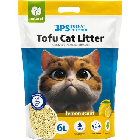 Arena para gatos de tofu, fibra de guisante natural, biodegradable, amarilla. (1/2)