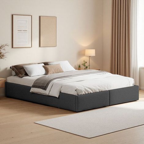 Doppelbett - 160x200 cm - Grau - Hydraulischer Stauraum und Schubladen - Naturleinenstoff, verstärkte Struktur