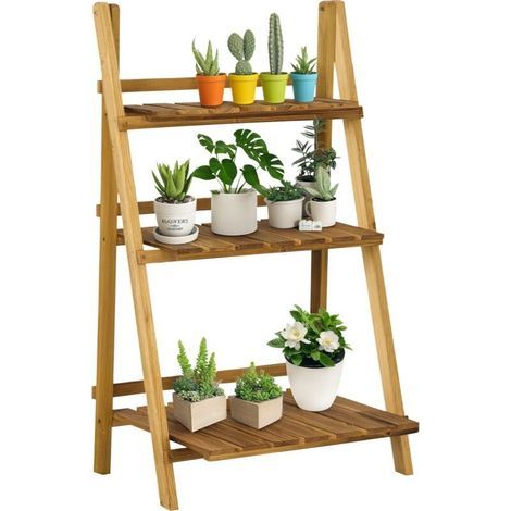 Pyramid-shaped wooden plant stand, folding ladder style with 3 shelves, 60 x 37 x 93 cm, brown (1/5)
