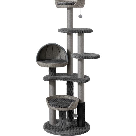 Fudajo Rascador para gatos Urban Loft 160 cm, gris con base de 58 cm de diámetro, elemento de masaje, 3 zonas de descanso y postes rascadores de cuerda de papel (1/5)