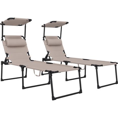 Set aus 2 klappbaren Sonnenliegen mit extra Komfort, verstellbarer Rückenlehne und mehrfach verstellbarem Sonnenschutz, khaki
