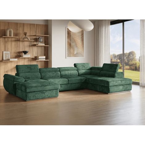 Canapé panoramique convertible avec coffre en velours chiné vert