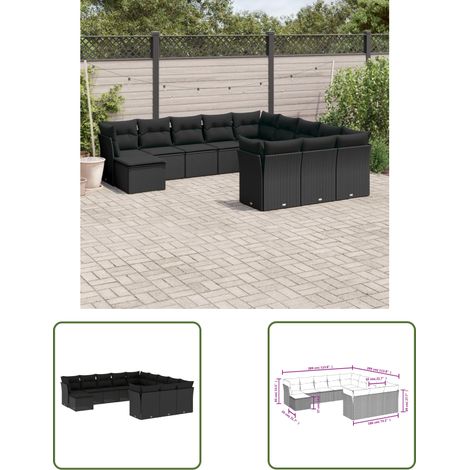 The Living Store Salon de jardin 12 pcs avec coussins noir résine tressée - Ensemble Salon De Jardin - Mobilier Extérieur - Canapé Jardin - Résine Tressée - Rotin Synthétique (1/3)