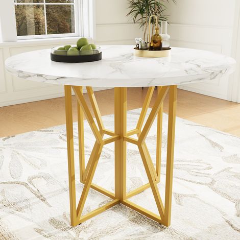 Table à manger ronde - Pieds dorés - Plateau marbré MDF - 80x80 cm (1/5)