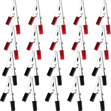 20 pinces crocodiles pour tests électriques en laboratoire avec poignées en plastique (noir/rouge) (1/5)