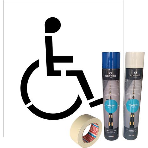 Signaletique.Biz France – Kit pochoir stationnement PMR – Pochoir handicapé 70 x 80 cm – 2 bombes de peinture haute couvrance – Ruban de masquage inclus