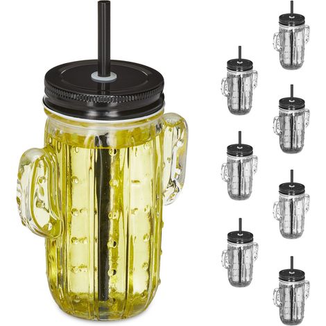 Relaxdays 8x Drinking Glasses, Cactus-Shaped, Summer Parties, 500ml Capacity each, incl. Lids and Straws, Transparent