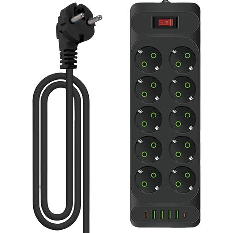 Ciabatta multipla 10 prese con interruttore, 4 prese USB, protezione da sovratensione,presa di distribuzione, a parete, per casa, scuola, cavo da 2 m, colore nero (1/5)