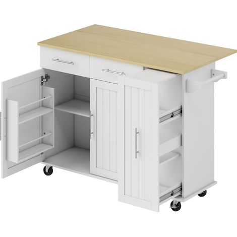 Îlot de cuisine central avec abattant rabattable, roues, 2 tiroirs, portes à fermeture amortie, porte-serviettes, blanc (1/5)