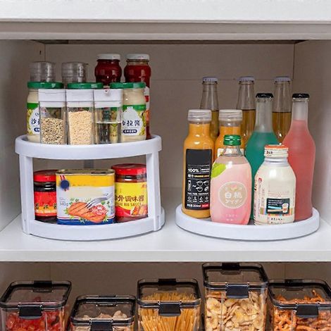 Plateau de rangement rotatif à 360° pour épices, double couche, porte-bocaux, étagère de rangement pour la cuisine, le garde-manger et les placards. (1/4)