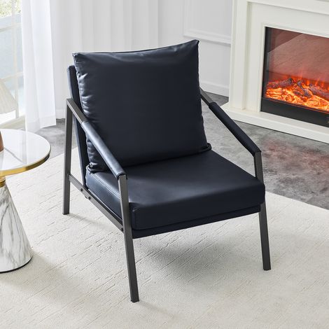 Fauteuil d'appoint moderne en simili cuir noir, fauteuil de salon avec cadre en métal noir robuste, fauteuil de lecture industriel pour salon, chambre et bureau (1/5)