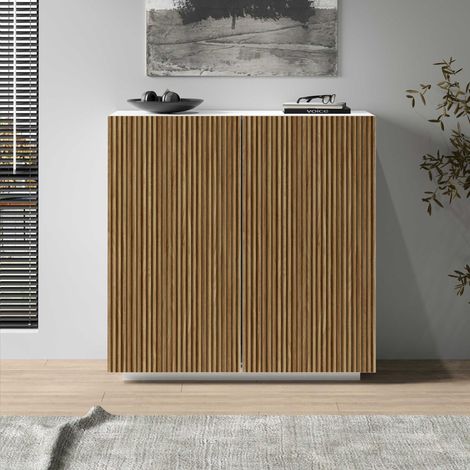 WHOUS Credenza Coste a 2 ante effetto cannetè bianco opaco e legno chiaro 120x43x126 cm (1/5)