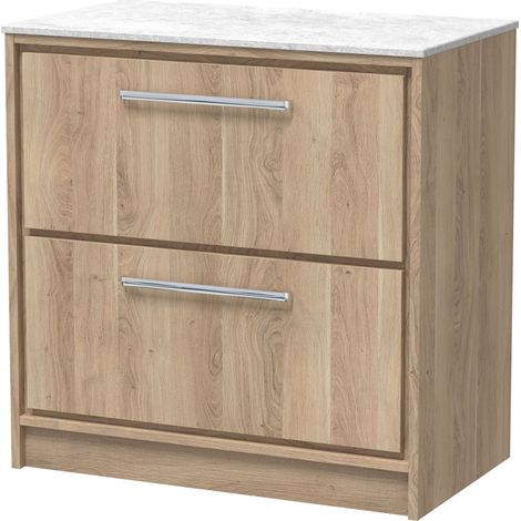 Longnor 2 Drawer Floor Standing Vanity Unit with White Marble Worktop, Light Oak, 800mm