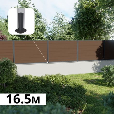Kit Clôture Composite sur Muret RIO Bronze 16,5x1,2m - Bois composite & Aluminium - Poteaux sur Platines Gris - Brise vue