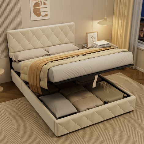 Kastenbett 140x200 cm - 2 Plätze - Gepolstertes Kopfteil - Lattenrost - Beige (1/5)