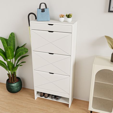 Schuhschrank mit 3 Klappen und Schublade MDF Weiß OKMYHOME (1/5)