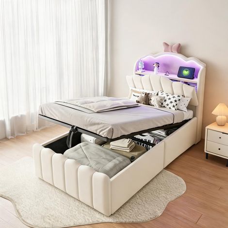 Cadre de lit beige en tissu métal 222 x 97 x 130 cm (1/5)