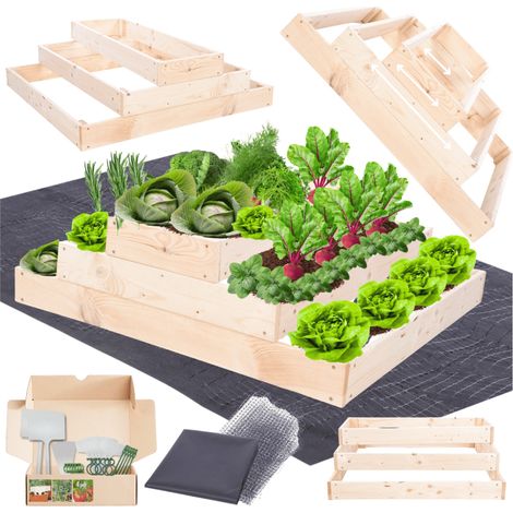 MODO24 ZP09 Carré potager surélevé en escalier modulable, bois de pin, herbes/légumes, jardin/terrasse/balcon, 27x90x90 cm, naturel