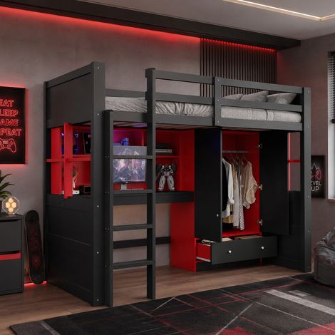 Lit mezzanine enfant 90 x 200 cm avec tiroirs, bureau intégré, armoire intégrée, échelle, éclairage LED, charge 120 kg, en bois, Noir et rouge (1/5)
