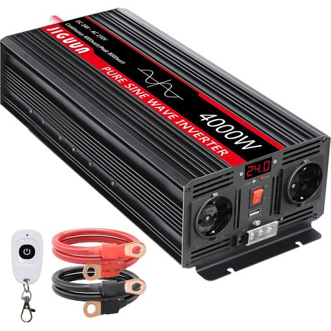 4000W Convertisseur 24V 220V Pur Sinus Onduleur transformateur avec Télécommande sans Fil Écran LED 2 Prises EU 1 Port USB Puissance de crête 8000W pour Voiture Camping Voyage (1/5)