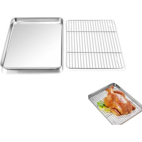 Plaque de cuisson de 32 cm avec grille, plaque de cuisson en acier inoxydable avec grille de refroidissement, résistante au four, pour la cuisson et la pâtisserie, compatible lave-vaisselle (1/5)