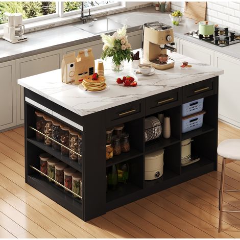 Isla de cocina de 150x90x90 cm con mesa extensible y espacio de almacenamiento, madera y MDF negro - negro. (1/5)