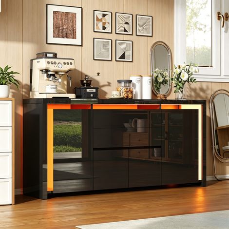 JOOKGBD-Buffet 160x35x75cm avec LED,Bahut De Salle a Manger Moderne avec 4 Portes et 2 Tiroirs,Meuble TV,Buffet Bas Meubles De Rangement,Commode Basse avec Tiroir pour Cuisine,Couloir,Salon,Noir (1/5)