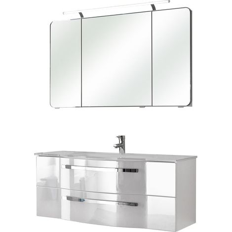 Waschplatz mit Glasbecken FES-4005-66 Hochglanz lackiert in Polarweiß, Spiegelschrank mit LED - B/H/T: 120/200/49,1cm (1/5)