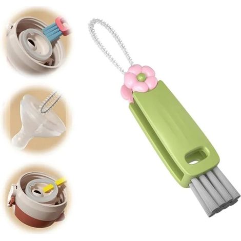 Brosse de Nettoyage 3 en 1 pour Couvercle de Tasse et Bouteille, Multifonction pour Espace et Bouteille d'Eau - Vert - Vert (1/5)