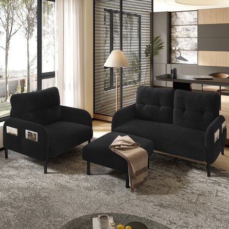 Sofa Set 3-teilig mit Hocker Cord Schwarz mit Seitentasche OKMYHOME (1/5)