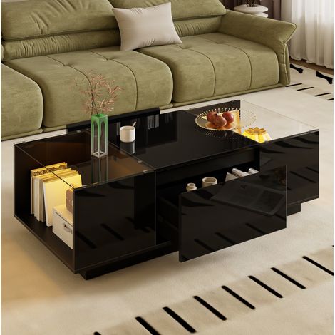Couchtisch Schwarz aus Spanplatte und Glas, 105 cm, mit LED und 2 Schubladen (1/5)