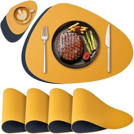 4er-Set Tischsets und Untersetzer aus Leder, hitzebeständig und leicht zu reinigen, doppelseitig rutschfest und wasserdicht – Blau-Orange (1/5)