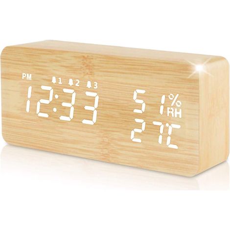 Réveil numérique en bois LED, horloge électronique avec date, température, calendrier et hygromètre, cadran digital lumineux pour chevet, fonction alarme, écran clair, design naturel. (1/5)