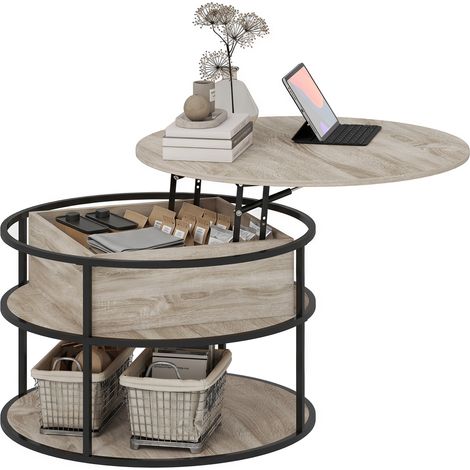 Table basse ronde avec plateau relevable, espace de rangement, étagères latérales, structure en acier, en chêne. (1/5)