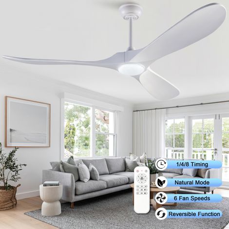 Ventilador de techo 60 pulgadas con LED, mando a distancia, 3 aspas de madera blanca, motor reversible (1/5)