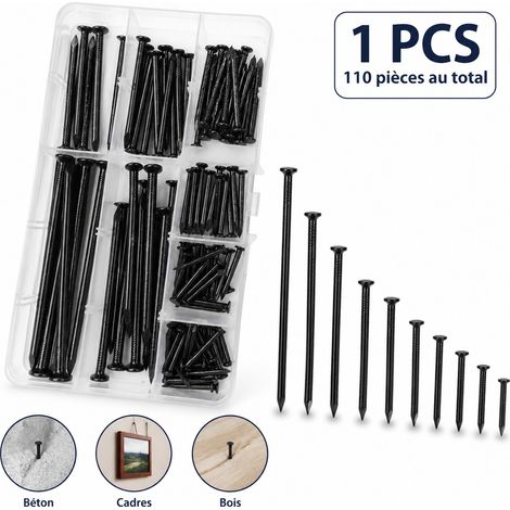 Kit Clous Beton Acier Noir 9 Tailles - Clous Speciaux Haute Resistance Mur Muraille Maconnerie - 110 Pieces (1/5)