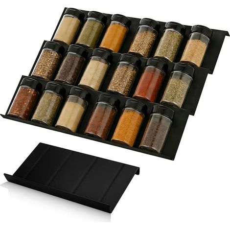 Lot de 6 étagères à épices de cuisine - Tiroir à épices extensible - Système de rangement - Noir (1/5)