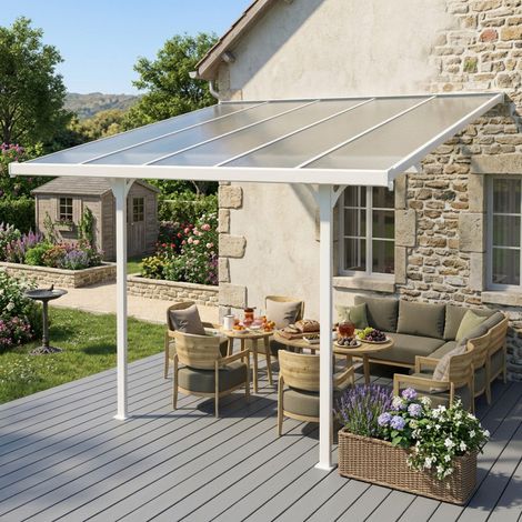 Pergola adossée aluminium blanc 9.57m2 toit polycarbonate UV (1/5)