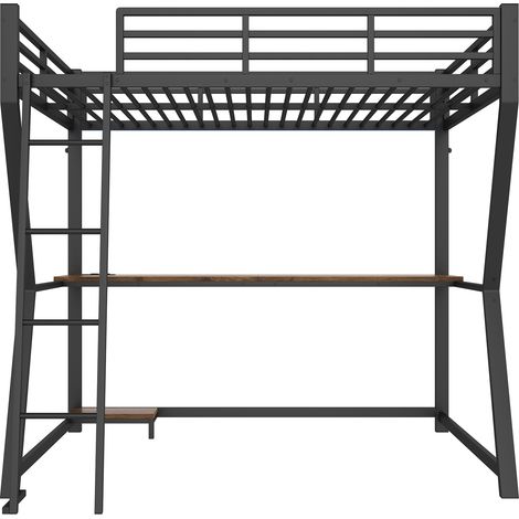 Cama alta 140 x 200 cm con escritorio LED, puertos USB, escalera y barandilla negra HOMVRA (1/5)