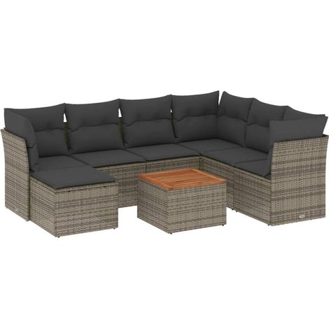 Salon de jardin 8 pcs Mobilier de jardin avec coussins gris résine tressée (1/5)