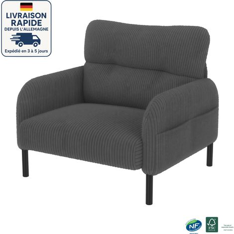 Canapé en Velours - Profondeur d'assise confortable - Poches latérales de chaque côté des accoudoirs - Construction solide - scandinave - Bois Certifié PEFC - 1 siège - Gris (1/5)